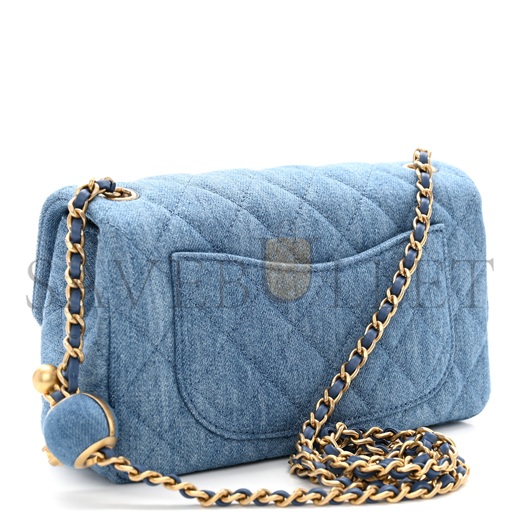 Ch*el master denim quilted mini pearl crush rectangular flap blue (20*13*7cm)